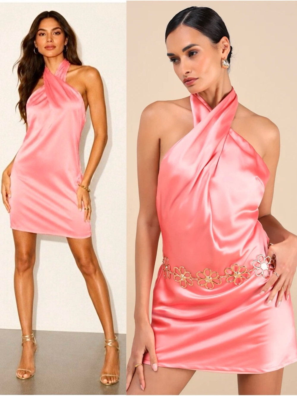 LULUS Coral Satin Twist Halter Neck Coquette Girl Wedding Guest Cocktail Dress S